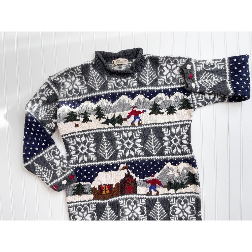 vtg Marsh Landing Christmas winter forest hand knit sweater size‎ M
